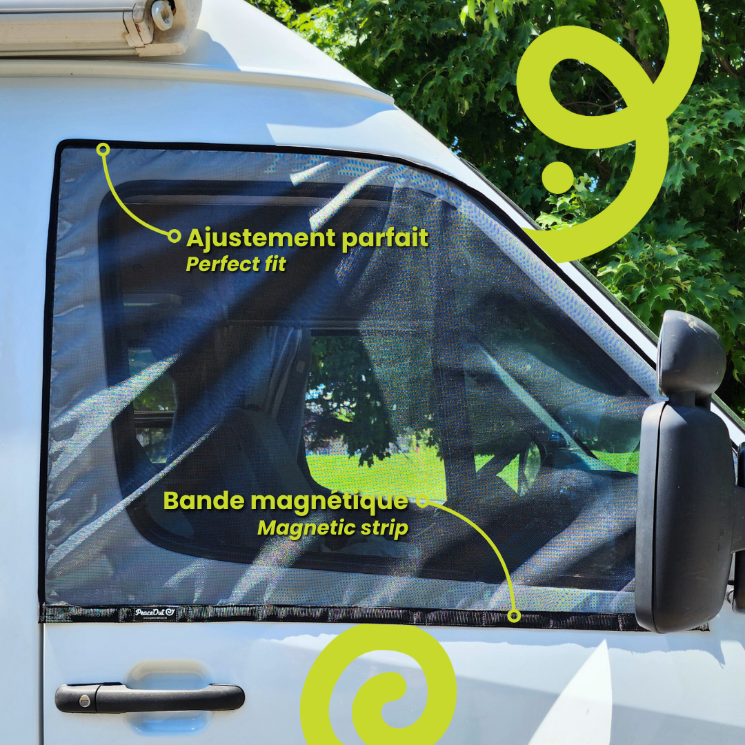 Bug screen for Sprinter Van door, offering optimal protection against mosquitoes while allowing you to enjoy fresh air. With this mosquito net specifically designed for the Sprinter Van, you can lower your windows without letting mosquitoes in. Enjoy your travels in peace with this durable and easy-to-install mosquito net for your Sprinter Van, keeping mosquitoes out while letting fresh air in.