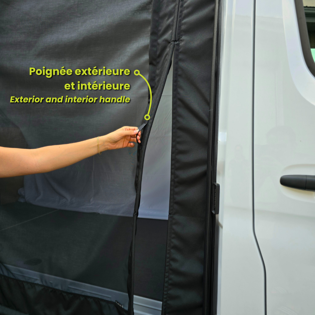 Sliding door bug screen for Mercedes Sprinter offering optimal ventilation and complete protection against mosquitoes. Specifically designed for the Mercedes Sprinter, this mosquito net ensures bug-free ventilation. Easily install it on your Mercedes Sprinter for a durable and effective solution.